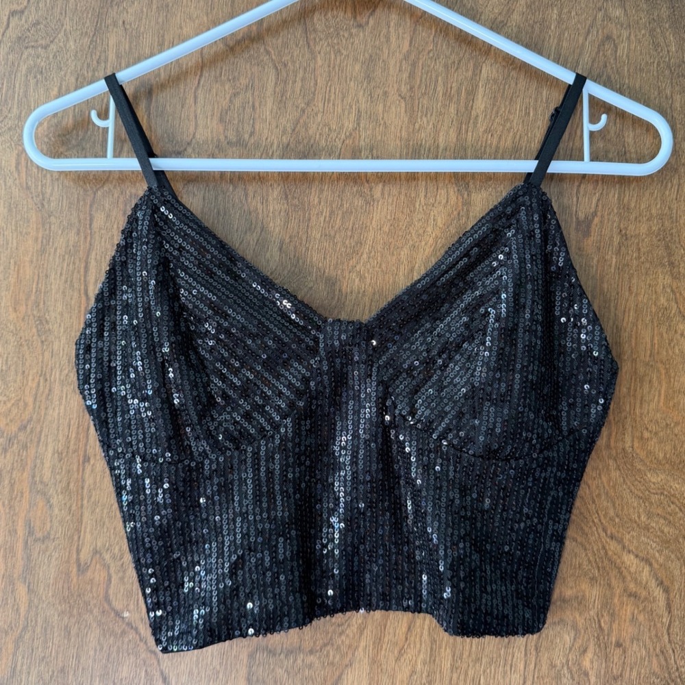 Black Sequin Sz M Womens Cropped Camisole Zip Up Rave Festival Party Going Out - Picture 3 of 6